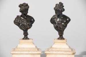 French School, 18th century, Pair of small female busts, bronze with marble pedestal